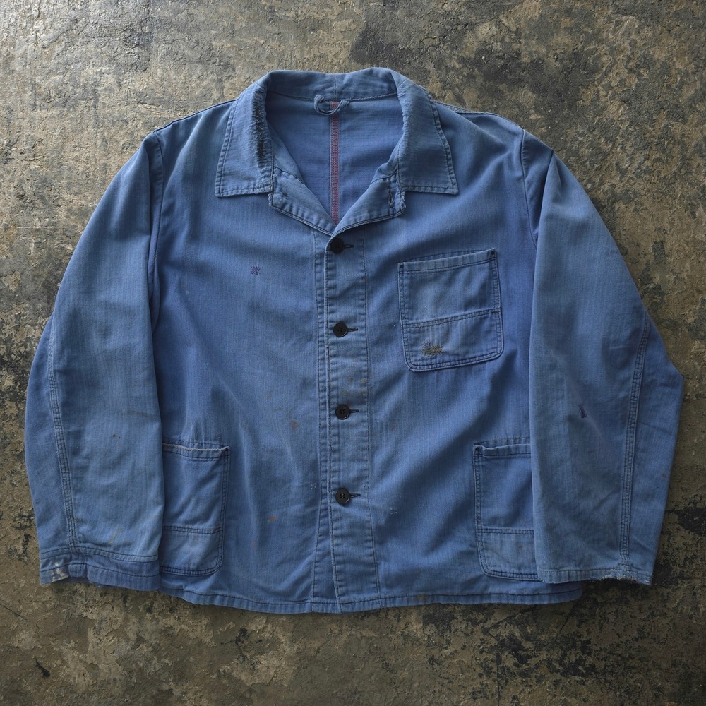 Vintage 1960s Blue German HBT Work Chore Jacket Faded Distressed Repaired